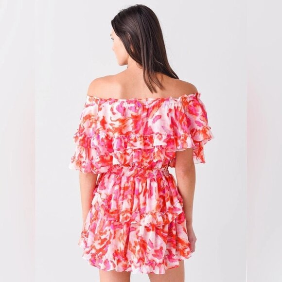 Misa Los Angeles Isella Maldive Marble Floral Off-Shoulder Ruffle Mini Dress M - Picture 5 of 16